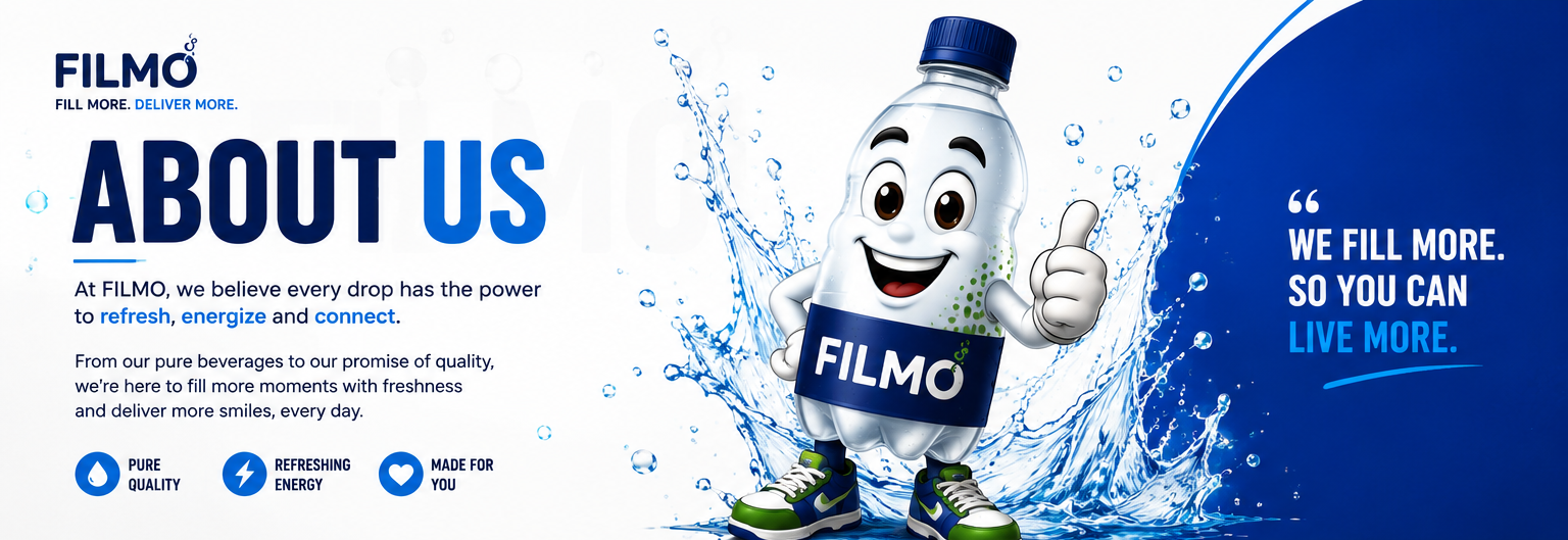 FILMO mascot giving a thumbs up beside the FILMO logo, headline 'About Us', and the tagline 'We fill more so you can live more'