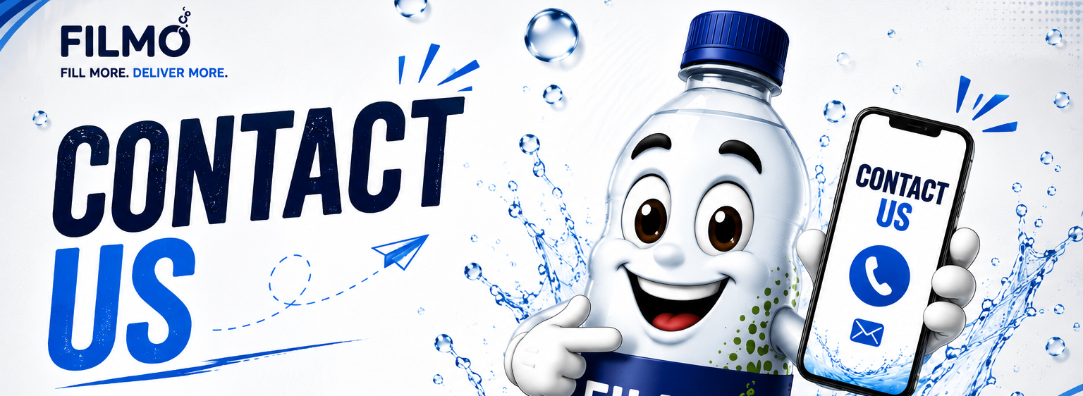 FILMO mascot holding a phone showing a Contact Us screen, with the tagline 'We fill more so you can live more'