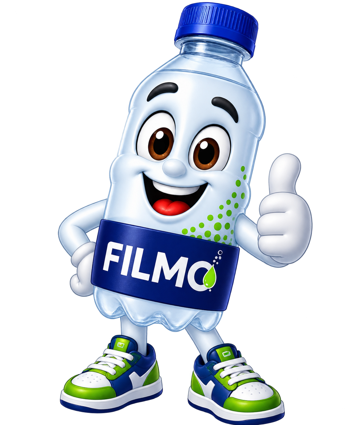 FILMO mascot, a cheerful bottle character giving a thumbs up