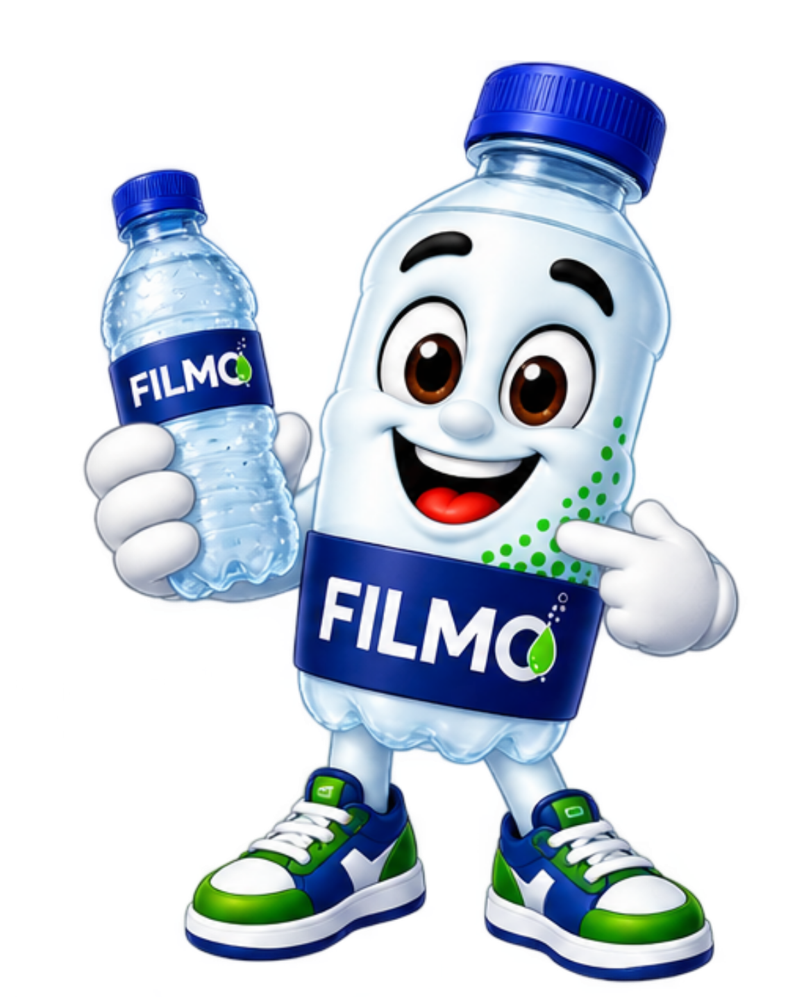 FILMO mascot holding a mini bottle